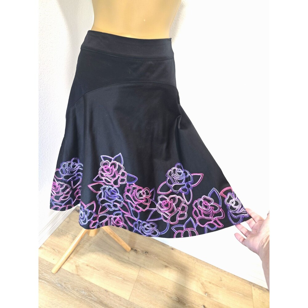 Sunny Leigh Black Floral Embroidered Midi Skirt 16 A Line Folk Artsy Pink Purple